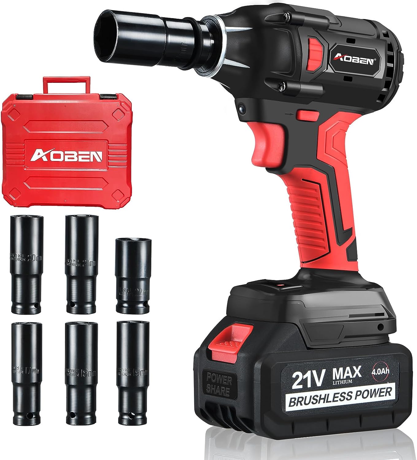 AOBEN 21V Cordless Impact Wrench Powerful Brushless Motor with 1/2 Square Driver, Max 300 Torque ft-lbs (400N.m), 4.0A Li-ion Battery, 6Pcs Driver Sockets,Fast Charger and Tool Bag