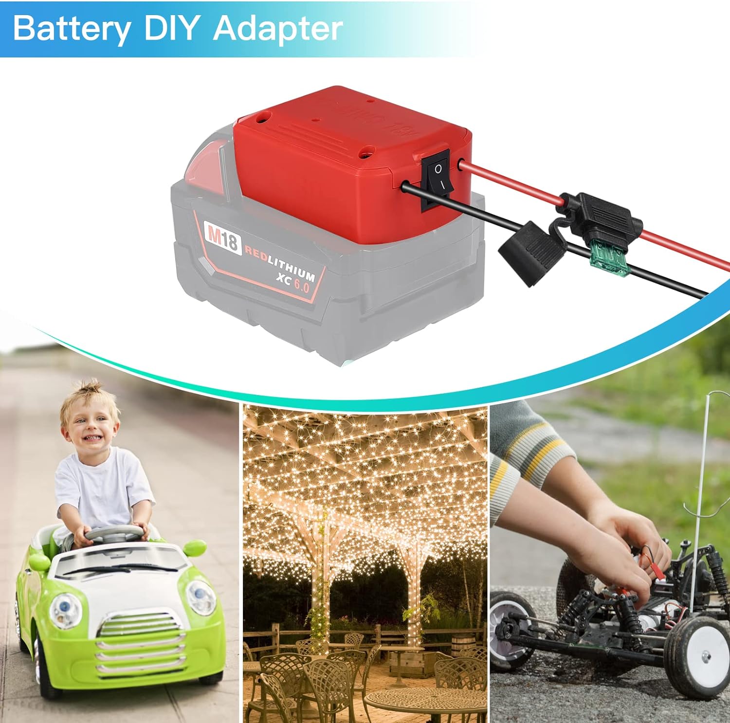 biuonga Power Wheels Adapter for Milwaukee 18V Battery M18 Power Wheels Battery Conversion Kit with Switch, Fuse  Wire Terminals Switch Fuse Holder 16AWG Wire Kit with 30Amp Fuses, Red