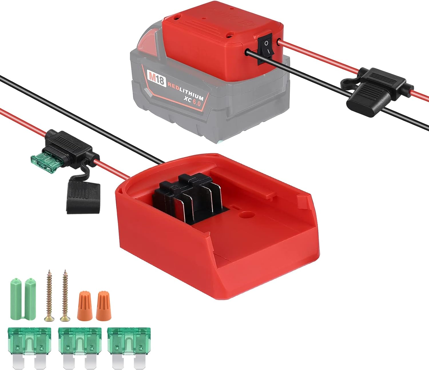biuonga Power Wheels Adapter for Milwaukee 18V Battery M18 Power Wheels Battery Conversion Kit with Switch, Fuse  Wire Terminals Switch Fuse Holder 16AWG Wire Kit with 30Amp Fuses, Red