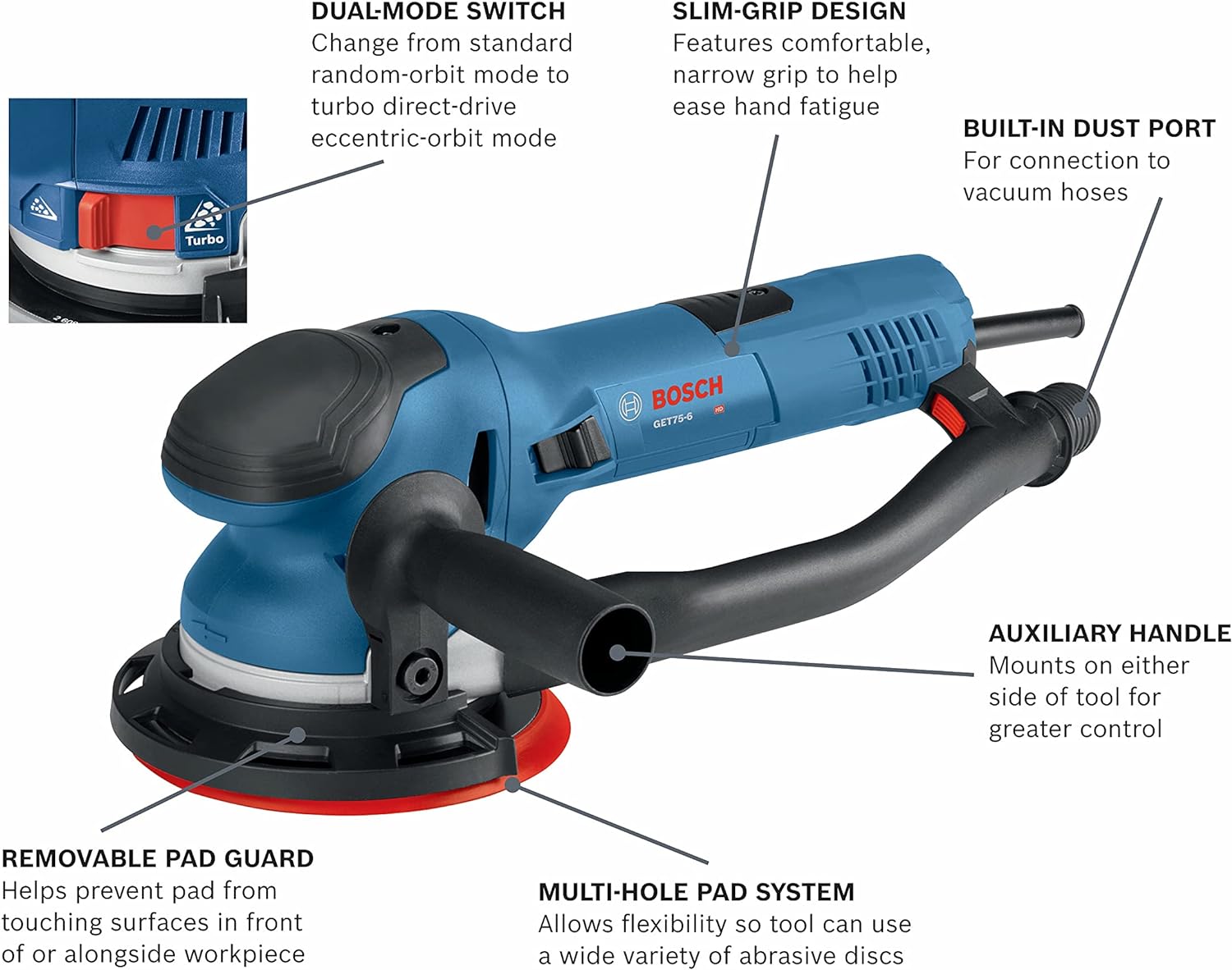 BOSCH Power Tools - GET75-6N - Electric Orbital Sander, Polisher - 7.5 Amp, Corded, 6 Disc Size - features Two Sanding Modes: Random Orbit, Aggressive Turbo for Woodworking, Polishing, Carpentry