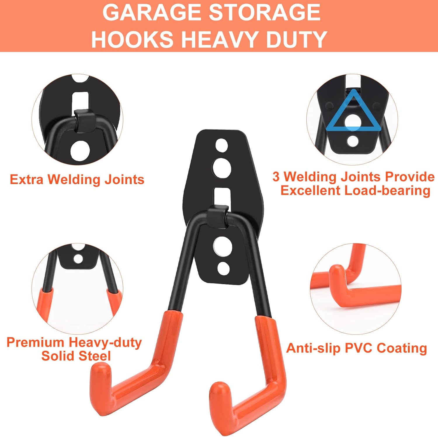 Dorisy Upgraded 16 Packs Garage Hooks Double Heavy Duty with Extension Cord Organizer, Mop Broom Holders, Garage Storage Organization and Tool Hangers for Power ＆ Garden Tools, Ladders, Bikes(Orange)