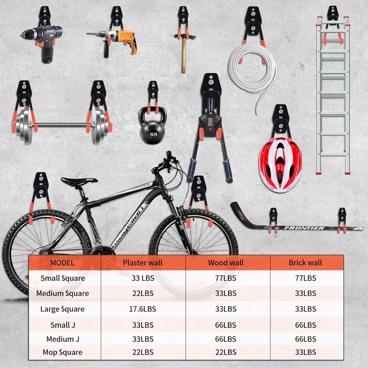 Dorisy Upgraded 16 Packs Garage Hooks Double Heavy Duty with Extension Cord Organizer, Mop Broom Holders, Garage Storage Organization and Tool Hangers for Power ＆ Garden Tools, Ladders, Bikes(Orange)