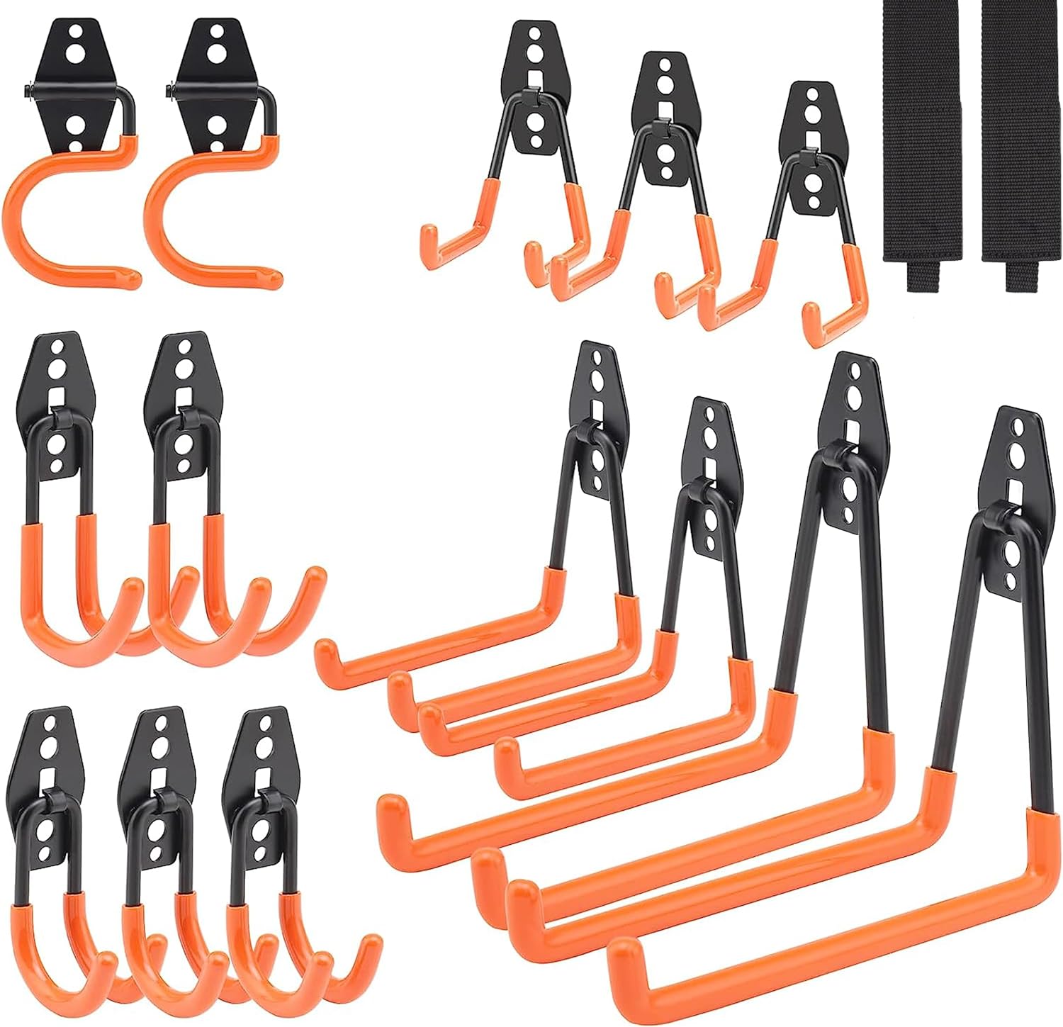 Dorisy Upgraded 16 Packs Garage Hooks Double Heavy Duty with Extension Cord Organizer, Mop Broom Holders, Garage Storage Organization and Tool Hangers for Power ＆ Garden Tools, Ladders, Bikes(Orange)