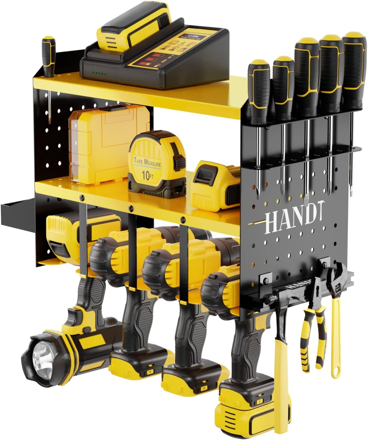 HANDT Power Tool Organizer, Wall Mount Drill Holder Garage Storage Rack, Pegboard Screwdriver Holder with Magnet Bar  Organization Bin, Cordless Drill Battery Charging Station Utility Shelf, Yellow