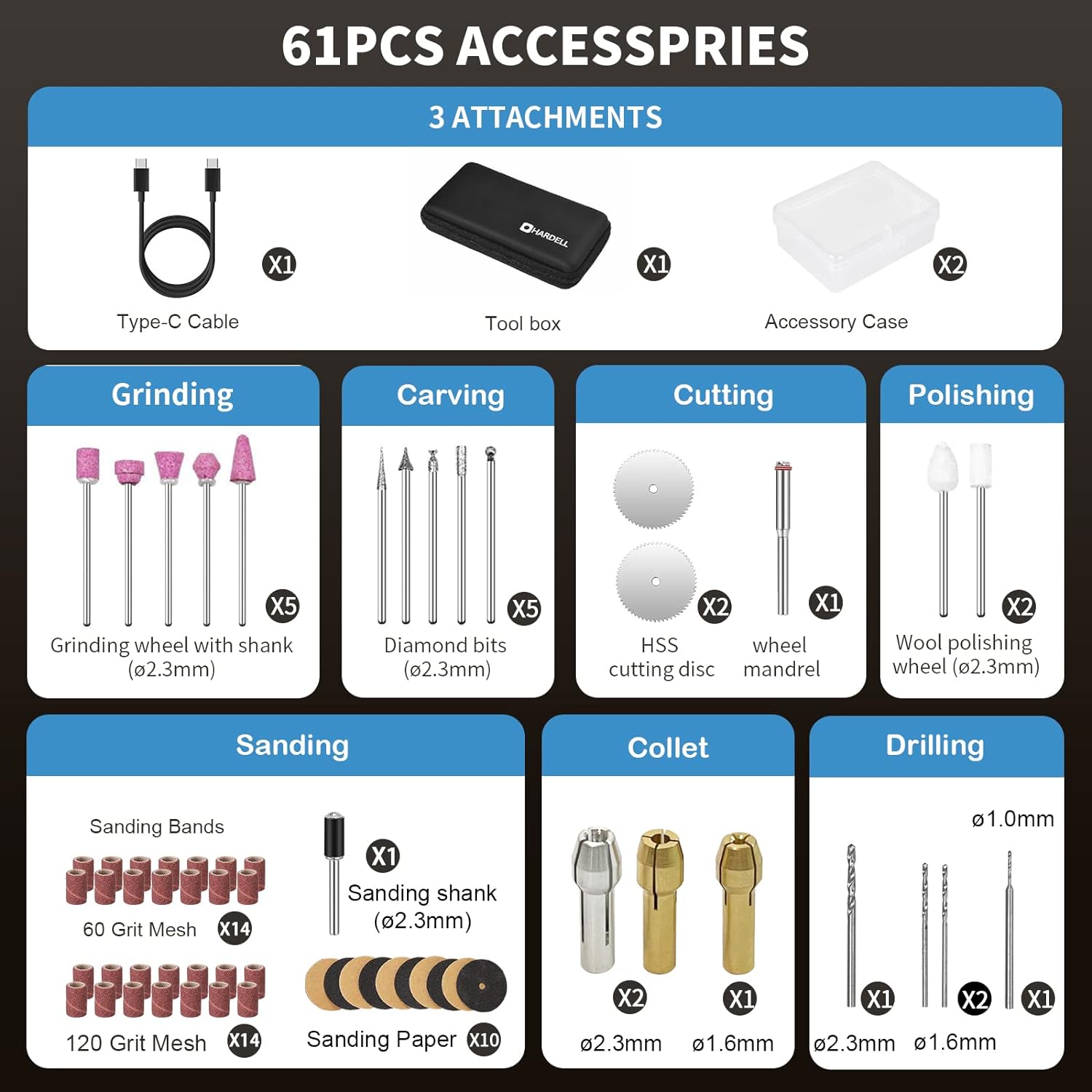 HARDELL Cordless Rotary Tool, 5 Variable Speed Mini Rotary Tool Kit with 61 Accessories, 3.7V Type-C Charging Power Rotary Tool for Engraving, Sanding, Polishing, Carving, Cutting, DIY Crafts