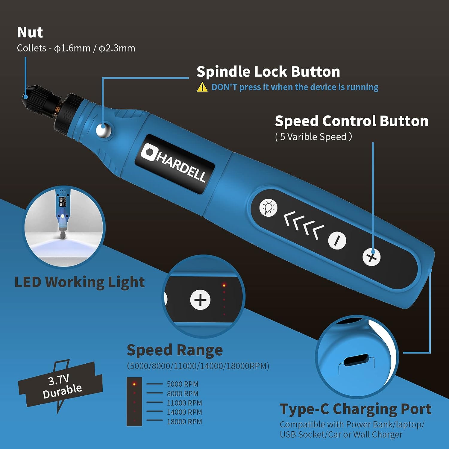 HARDELL Cordless Rotary Tool, 5 Variable Speed Mini Rotary Tool Kit with 61 Accessories, 3.7V Type-C Charging Power Rotary Tool for Engraving, Sanding, Polishing, Carving, Cutting, DIY Crafts