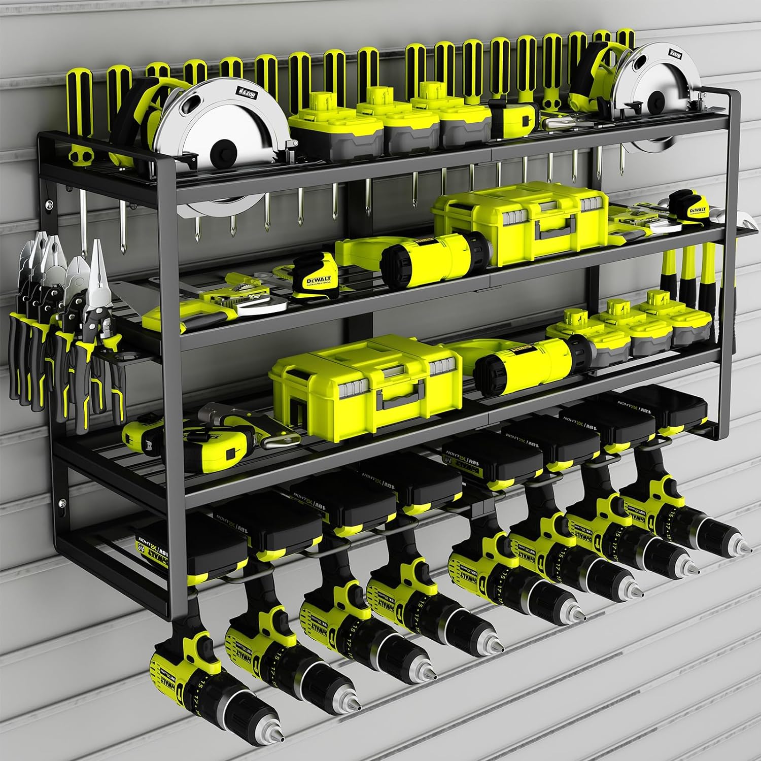 KAFAHOM Power Tool Organizer-8 Drill Holder Wall Mount,4 Layer Heavy Duty Metal Power Tool Storage Rack,Garage Tool Organizer and Storage with Screwdriver Holder/Plier Holder/Hammer Holder