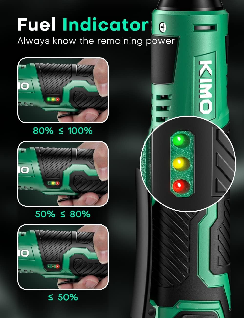 KIMO 3/8 Extended Electric Ratchet Wrench Set, 40 Ft-Lbs 400 RPM 12V Cordless Wrench w/ 2-Pack 2.0 Ah Batteries, 1 Hour Fast Charger  8 Sockets, Power Ratchet w/Variable Speed  LED Light