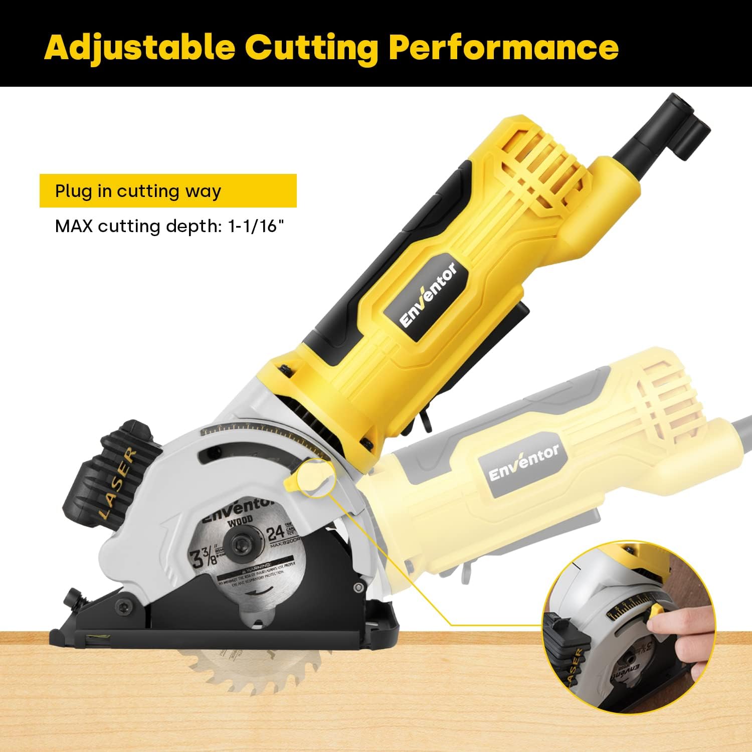 Mini Circular Saw, ENVENTOR 4.8A Electric Circular Saw Corded with Laser Guide, 4000RPM, 3 Saw Blades 3-3/8 Max Cutting Depth 1-1/16, Compact Hand Saw for Wood, Soft Metal, Tile, Plastic Cuts