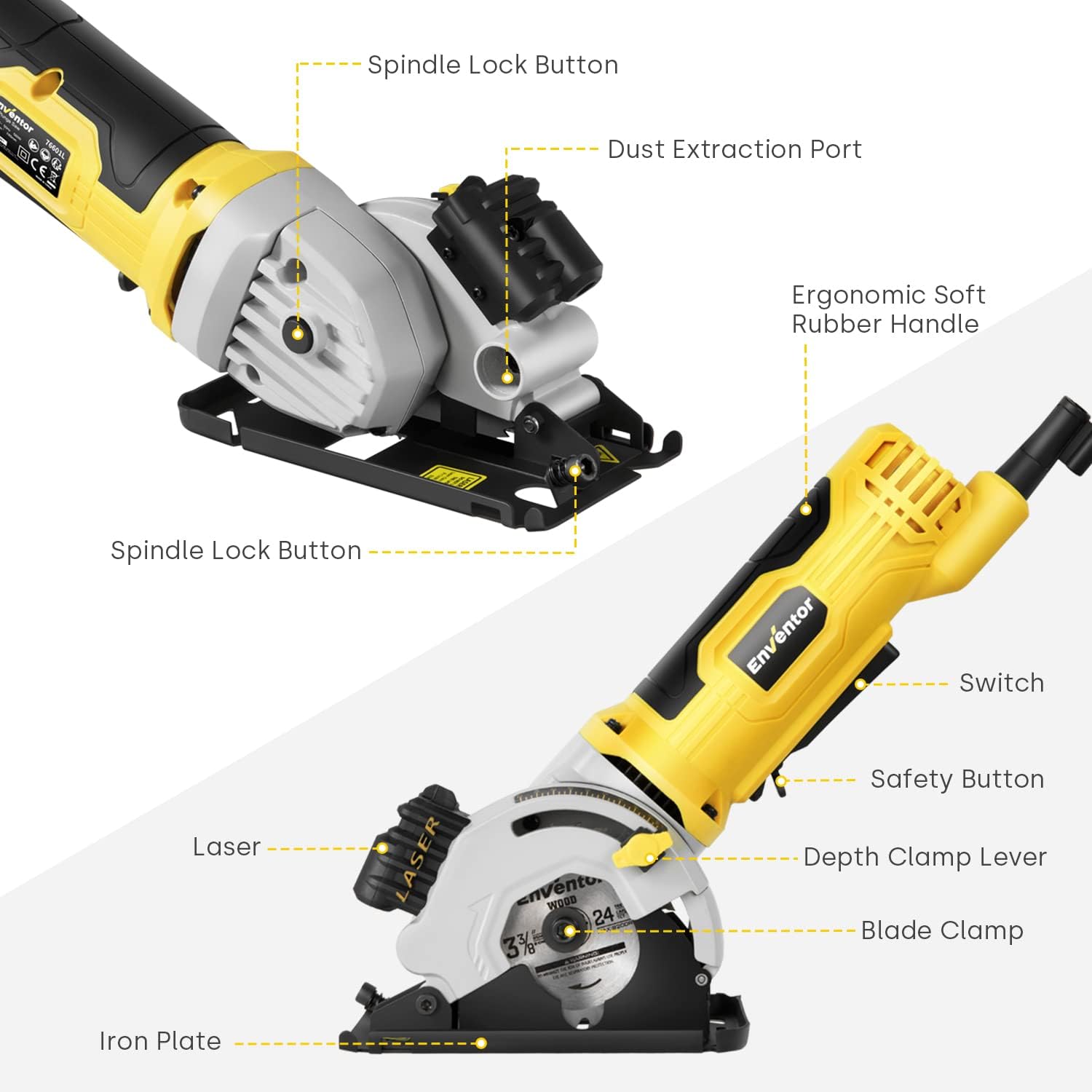 Mini Circular Saw, ENVENTOR 4.8A Electric Circular Saw Corded with Laser Guide, 4000RPM, 3 Saw Blades 3-3/8 Max Cutting Depth 1-1/16, Compact Hand Saw for Wood, Soft Metal, Tile, Plastic Cuts