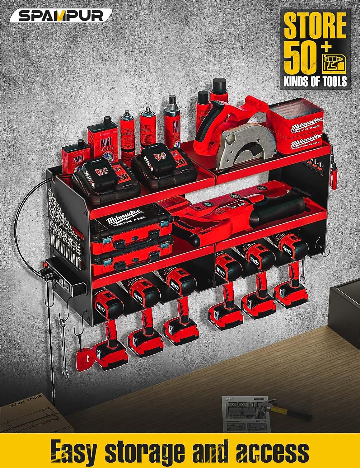 Power Tool Organizer, 8 Drill Holder Wall Mount, Storage Rack for Garage Organization, Heavy Duty Utility Racks and Battery Shelf, Tools Shelves with Charging Station - Metal - Large - 2 pack