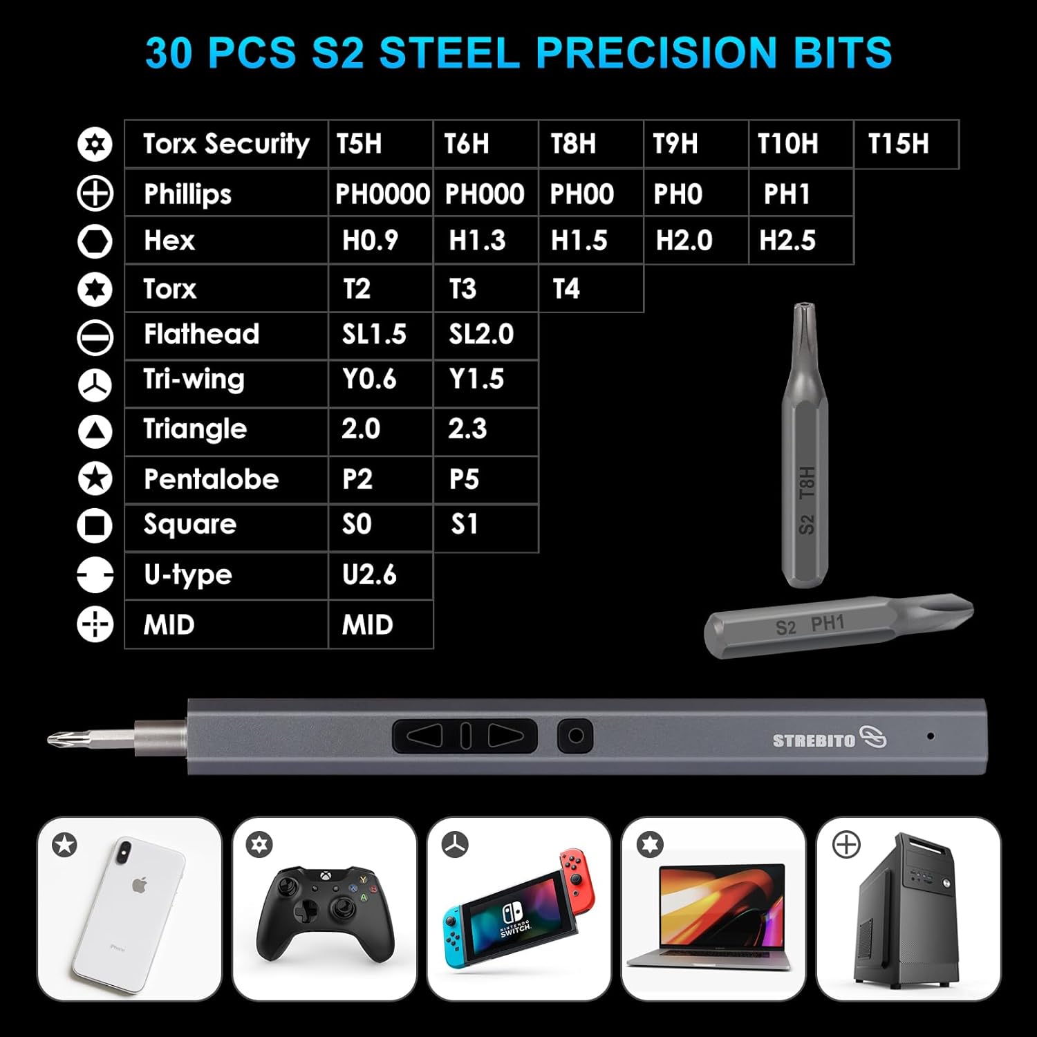 STREBITO Mini Electric Screwdriver Set, 36 in 1 Electric Precision Screwdriver Small Electric Screwdriver Kit, S2 Steel, Rechargeable Battery, 2 Torque Settings, Micro Power Screwdriver Cordless