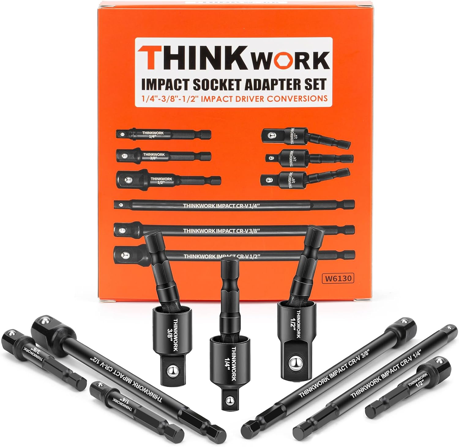 THINKWORK Impact Socket Adapter Set, 1/4 3/8 1/2 Drill Socket Adapter, 1/4 Hex Shank Impact Driver Socket Adapter for Cordless Drill, Impact Driver, Power Drill, Impact Drill, 9-Piece