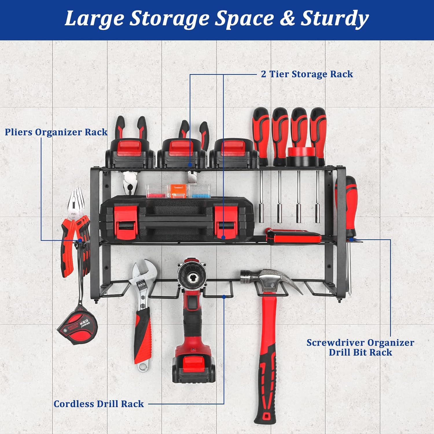 Tool Storage Organizer Holder, 3 Layers Garage Tool Holder Wall Mounted, Heavy Duty Tool Shelf  Tool Rack, Cordless Drill Holder, Tool Box Organizers and Storage for Tool Room, Workshop, Garage