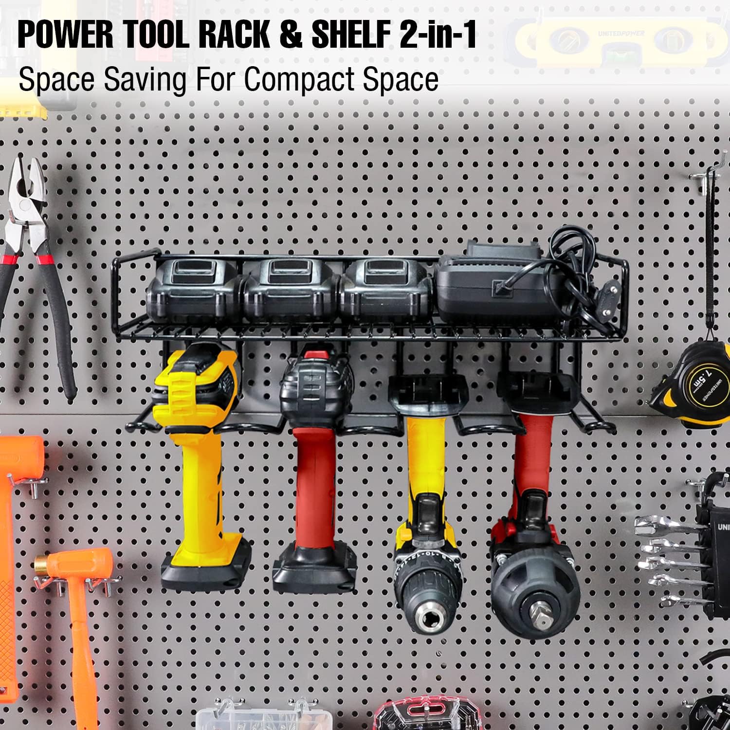 UNITEDPOWER Electric Drill Storage Rack, Stainless Steel, 2022 Upgraded Wall Mounted Power Tool Organizer for Workshop, Shed, Garage, Home Holds 4 Drills