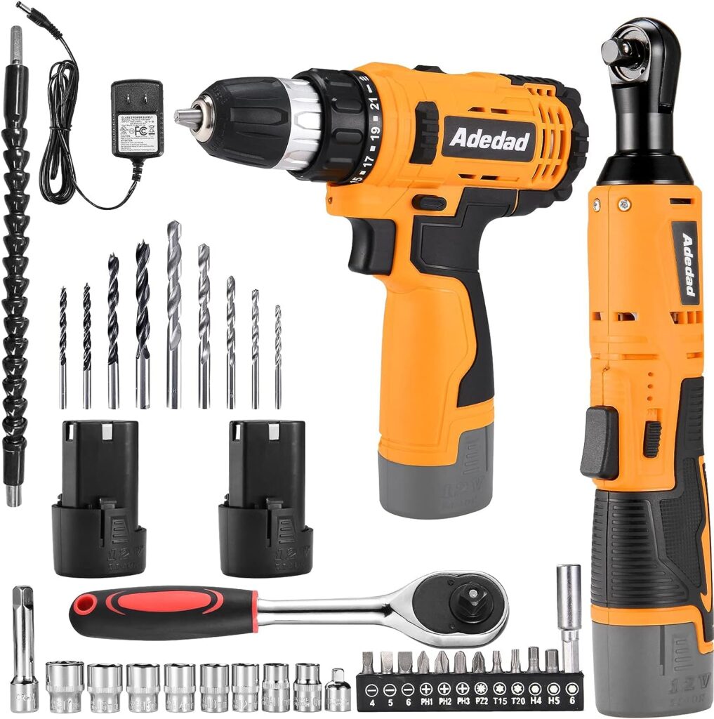 Adedad 12V Cordless Brushless Ratchet Wrench  Drill Combo Kit, 3/8 40Ft-lbs Torque 400 RPM Ratchet Wrench  21+1 Metal Drill with 2 Batteries Home Power Tool Set : Tools  Home Improvement