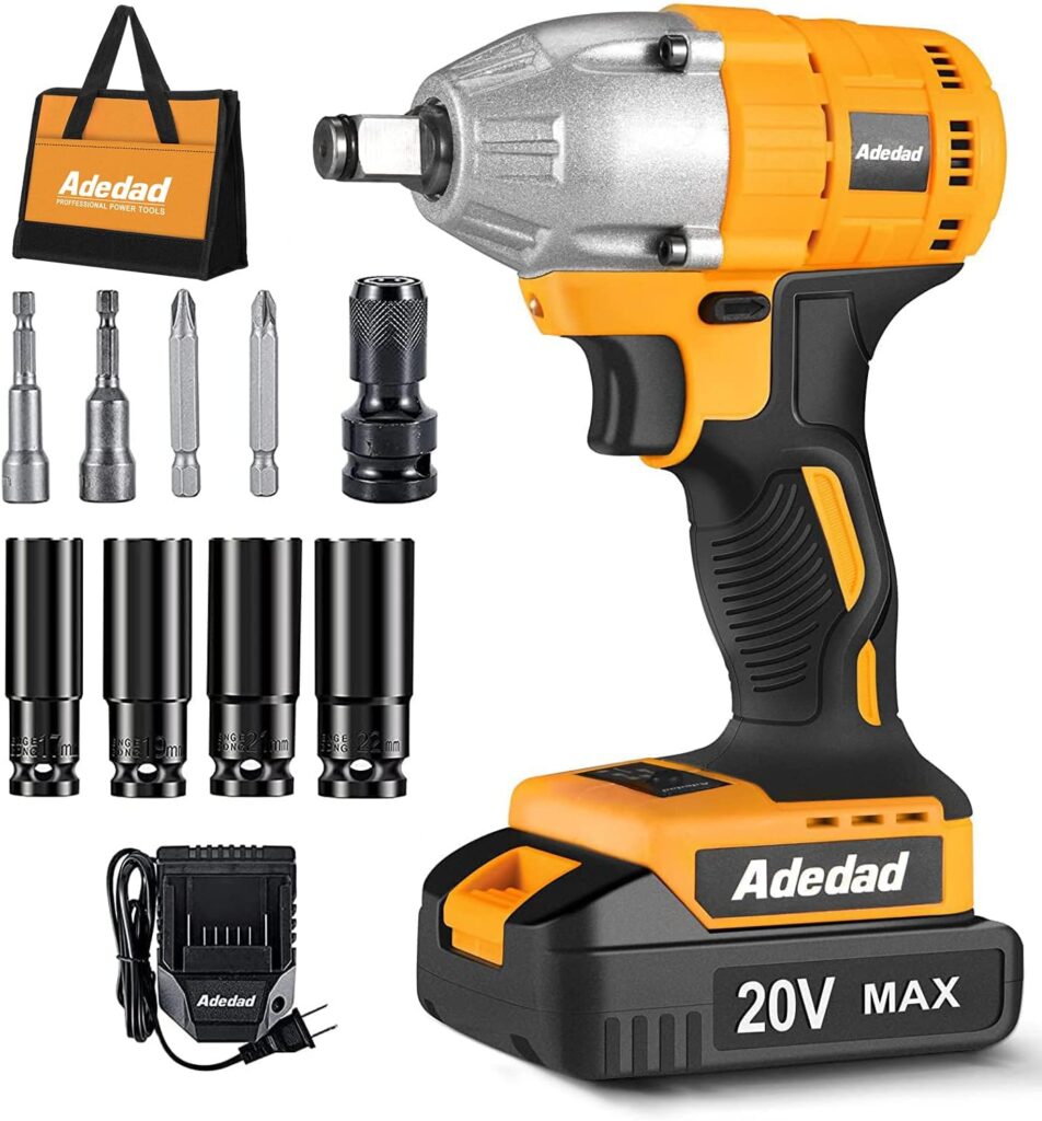 Adedad Cordless Impact Wrench 1/2 inch, 20V Brushless Impact Gun with Battery and Charger, High Torque 300 ft-lbs 3000 RPM Impact Wrench with 1-Hour Fast Charger, Led Light