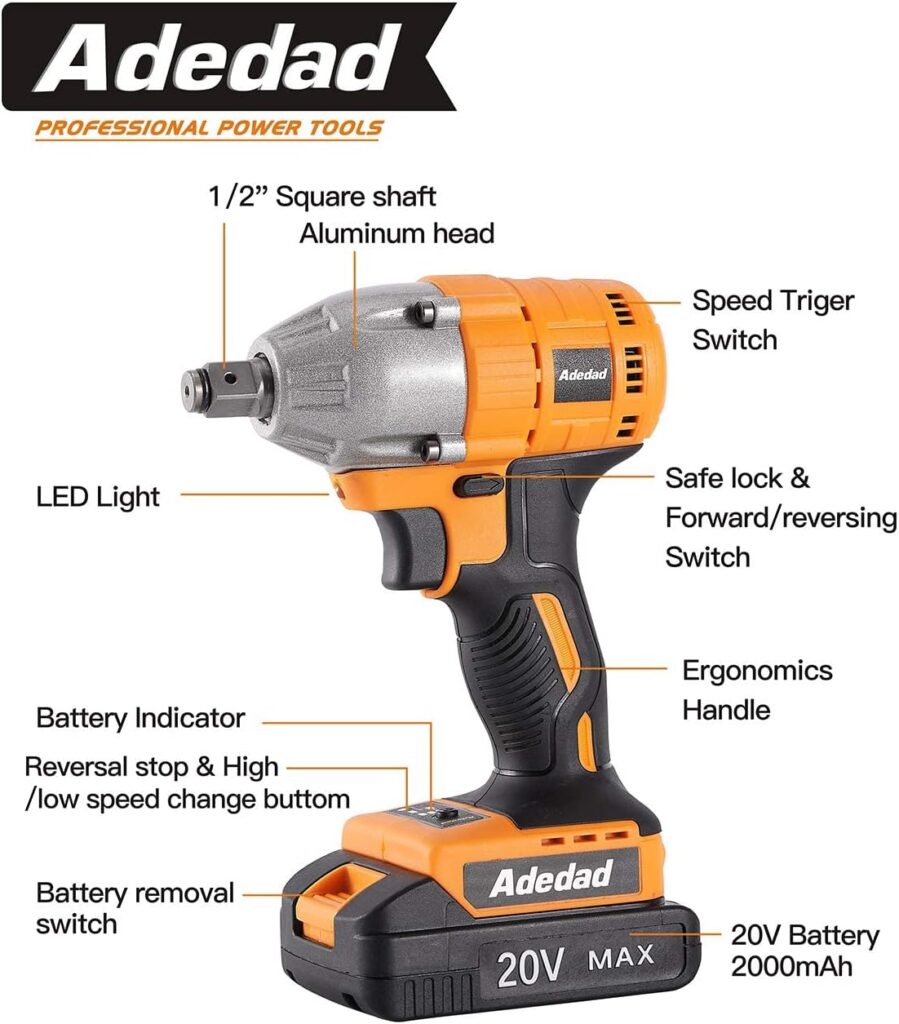 Adedad Cordless Impact Wrench 1/2 inch, 20V Brushless Impact Gun with Battery and Charger, High Torque 300 ft-lbs 3000 RPM Impact Wrench with 1-Hour Fast Charger, Led Light