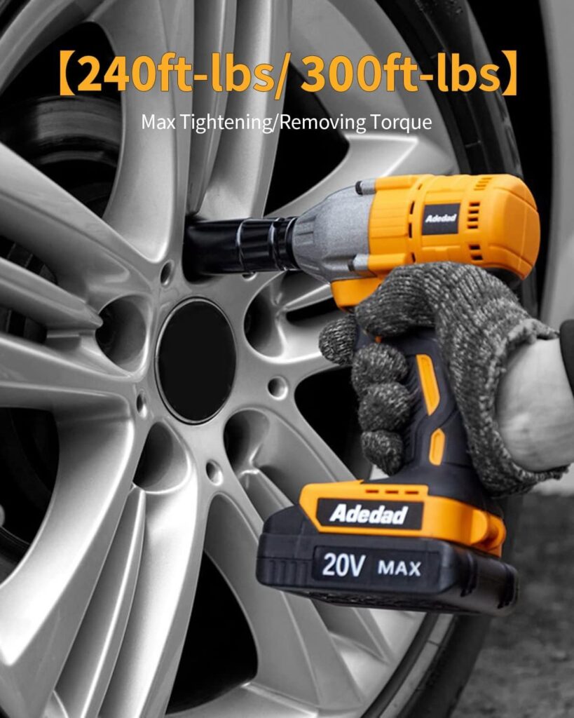 Adedad Cordless Impact Wrench 1/2 inch, 20V Brushless Impact Gun with Battery and Charger, High Torque 300 ft-lbs 3000 RPM Impact Wrench with 1-Hour Fast Charger, Led Light