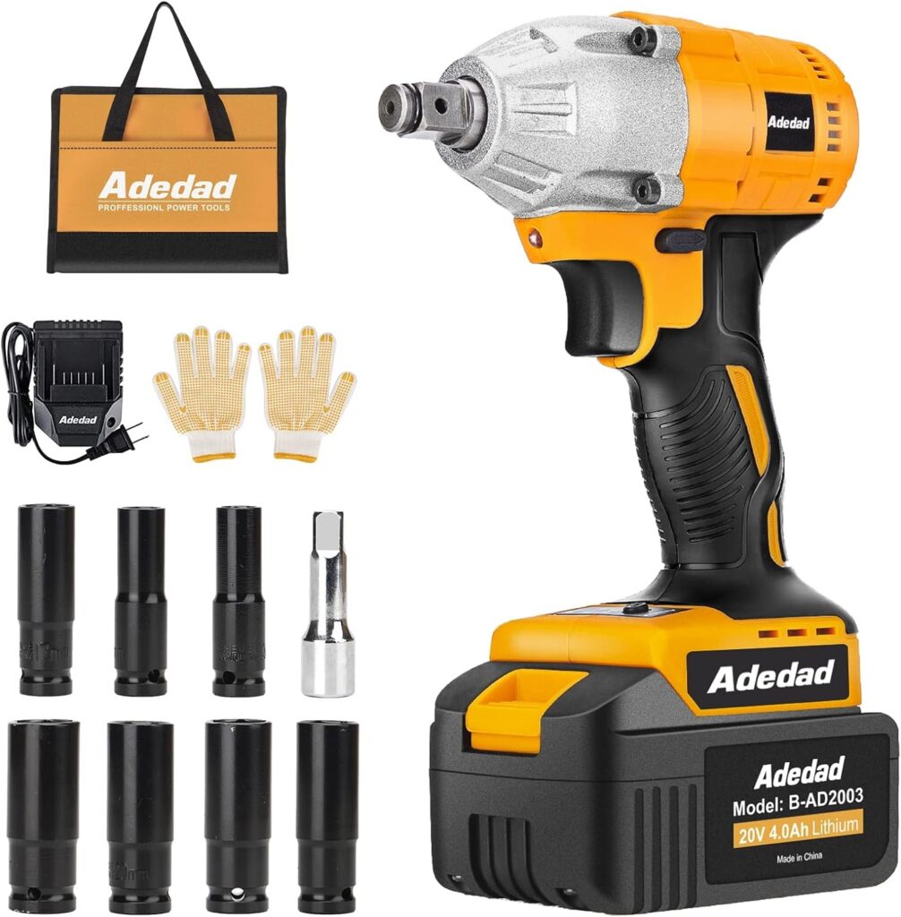 Adedad Cordless Impact Wrench 1/2 inch, 20V Brushless Impact Gun with Battery and Charger, High Torque 300 ft-lbs 3000 RPM Impact Wrench with 1-Hour Fast Charger, Led Light