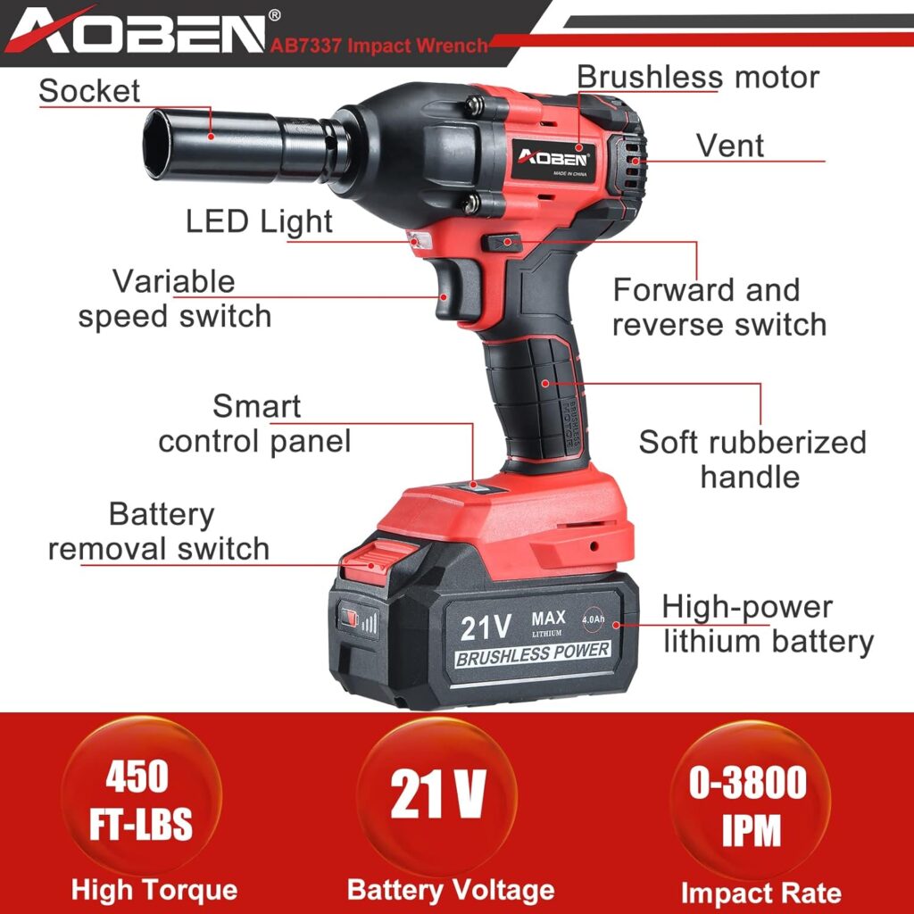 AOBEN 21V 1/2 Cordless Impact Wrench, High Torque Brushless Impact Wrench Set, Max Torque 450 ft-lbs (600N.m), 4.0Ah Li-ion Battery, 7 PCS Sockets 1 Extension Bar, Fast Charger and Tool Bag - Amazon.com