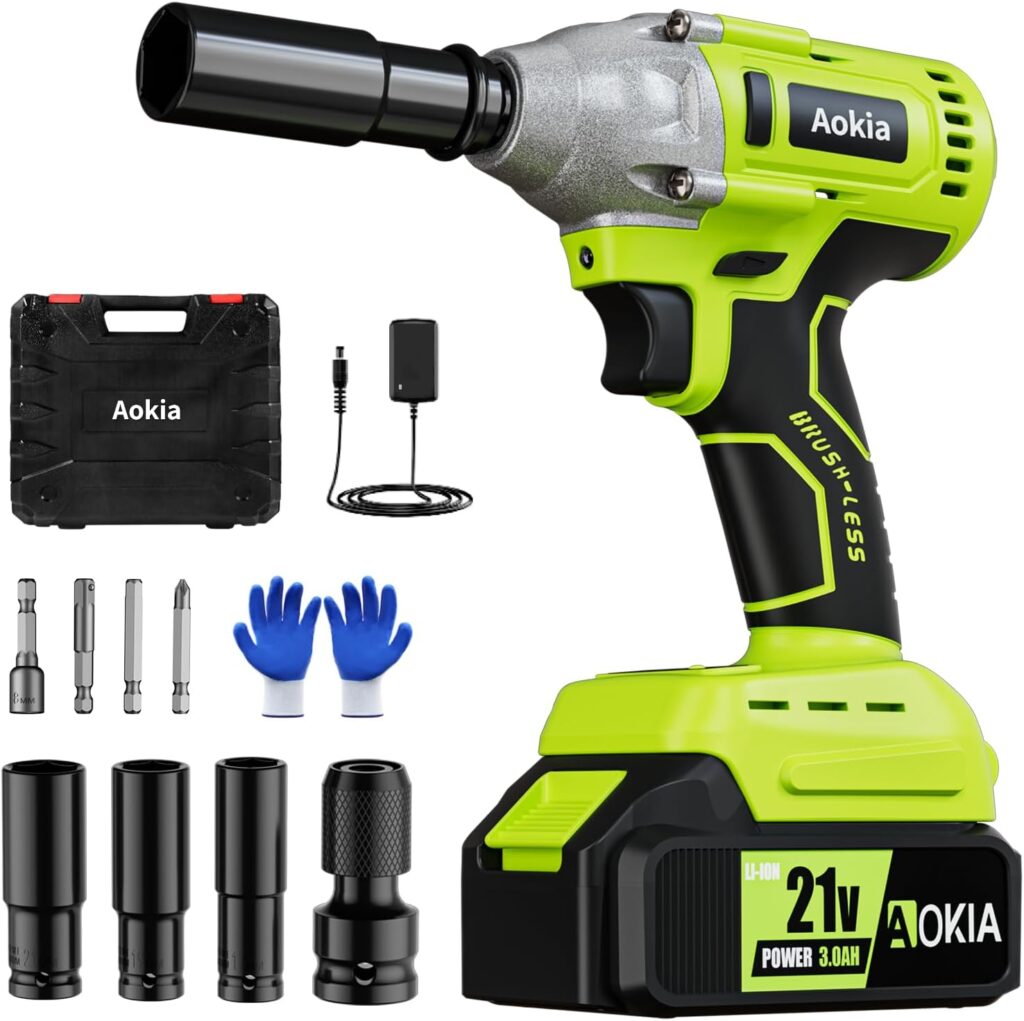 Aokia Power Cordless Impact Wrench - 1/2 inch, 21V Brushless Impact Driver Max Torque 240 Ft-lbs (320N.m), Impact Gun with 3.0Ah Li-ion Battery  Fast Charger, 3Pcs Impact Sockets for Car Home