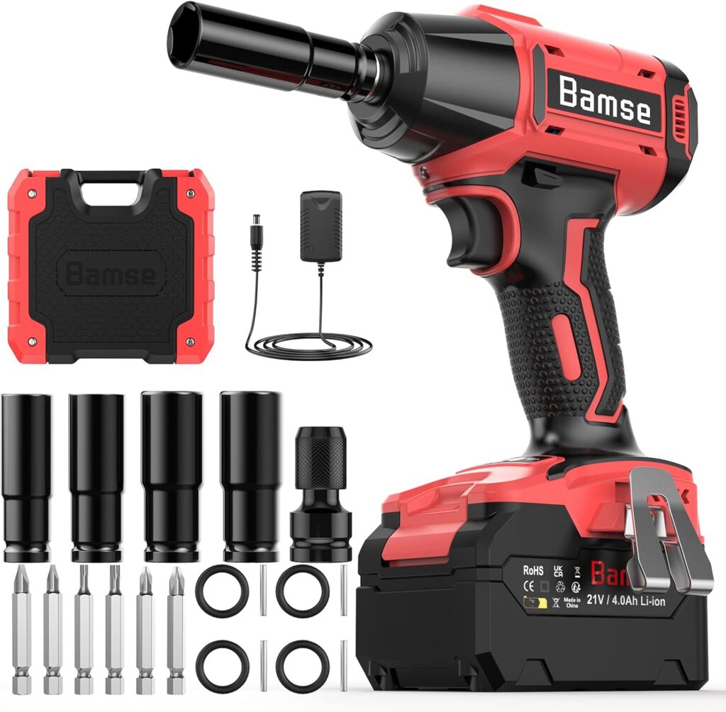 Bamse Cordless Impact Wrench, Brushless Power Impact Gun 21V, 1/2, 4.0Ah Battery, 3200RPM  Max Torque 517 Ft-lbs (700N.m) with 4 Impact Sockets, Electric Impact Driver for Car and Home