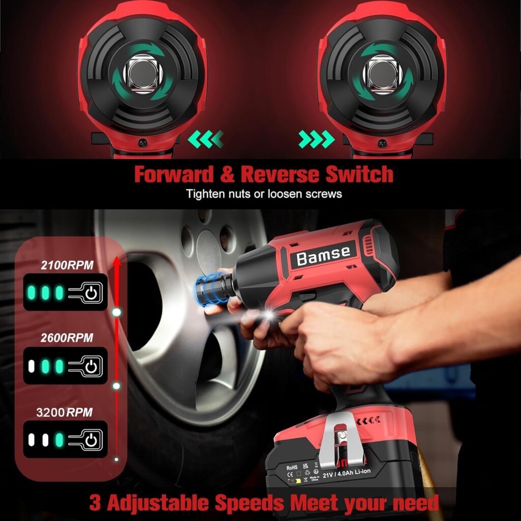 Bamse Cordless Impact Wrench, Brushless Power Impact Gun 21V, 1/2, 4.0Ah Battery, 3200RPM  Max Torque 517 Ft-lbs (700N.m) with 4 Impact Sockets, Electric Impact Driver for Car and Home