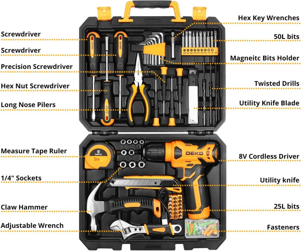 DEKOPRO 126 Piece Power Tool Combo Kits with 8V Cordless Drill, 10MM 3/8 Keyless Chuck, Professional Household Home DIY Hand Tool Kits for Garden Office House Repair