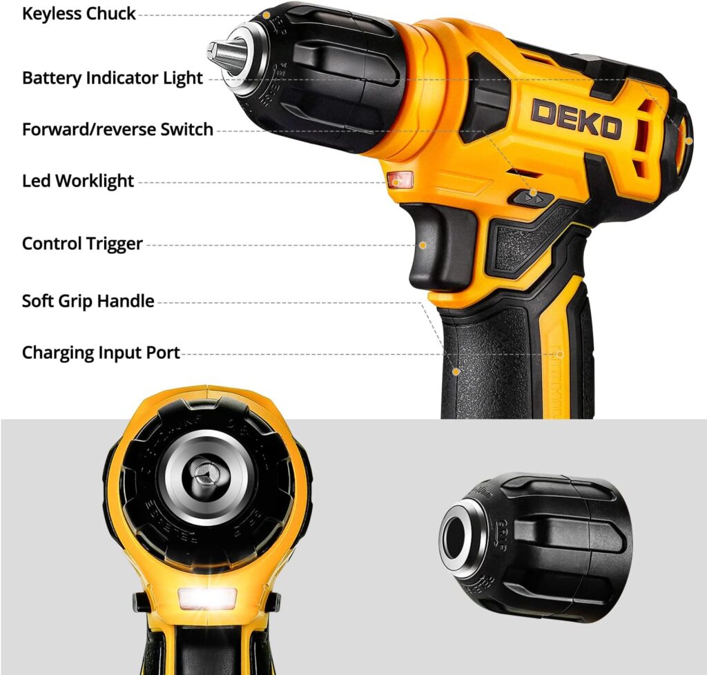 DEKOPRO 126 Piece Power Tool Combo Kits with 8V Cordless Drill, 10MM 3/8 Keyless Chuck, Professional Household Home DIY Hand Tool Kits for Garden Office House Repair
