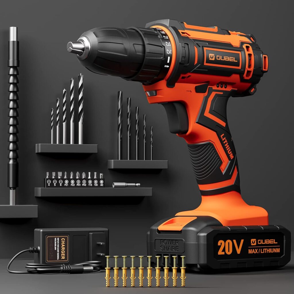 Drill Set, OUBEL 20V MAX Cordless Drill with Lithium-ion Battery 2.0Ah  Fast Charger, Power Drill 3/8-Inch Keyless Chuck, 2 Variable Speed, 25+1 Position, 42pcs Drill Bits/Screws for DIY