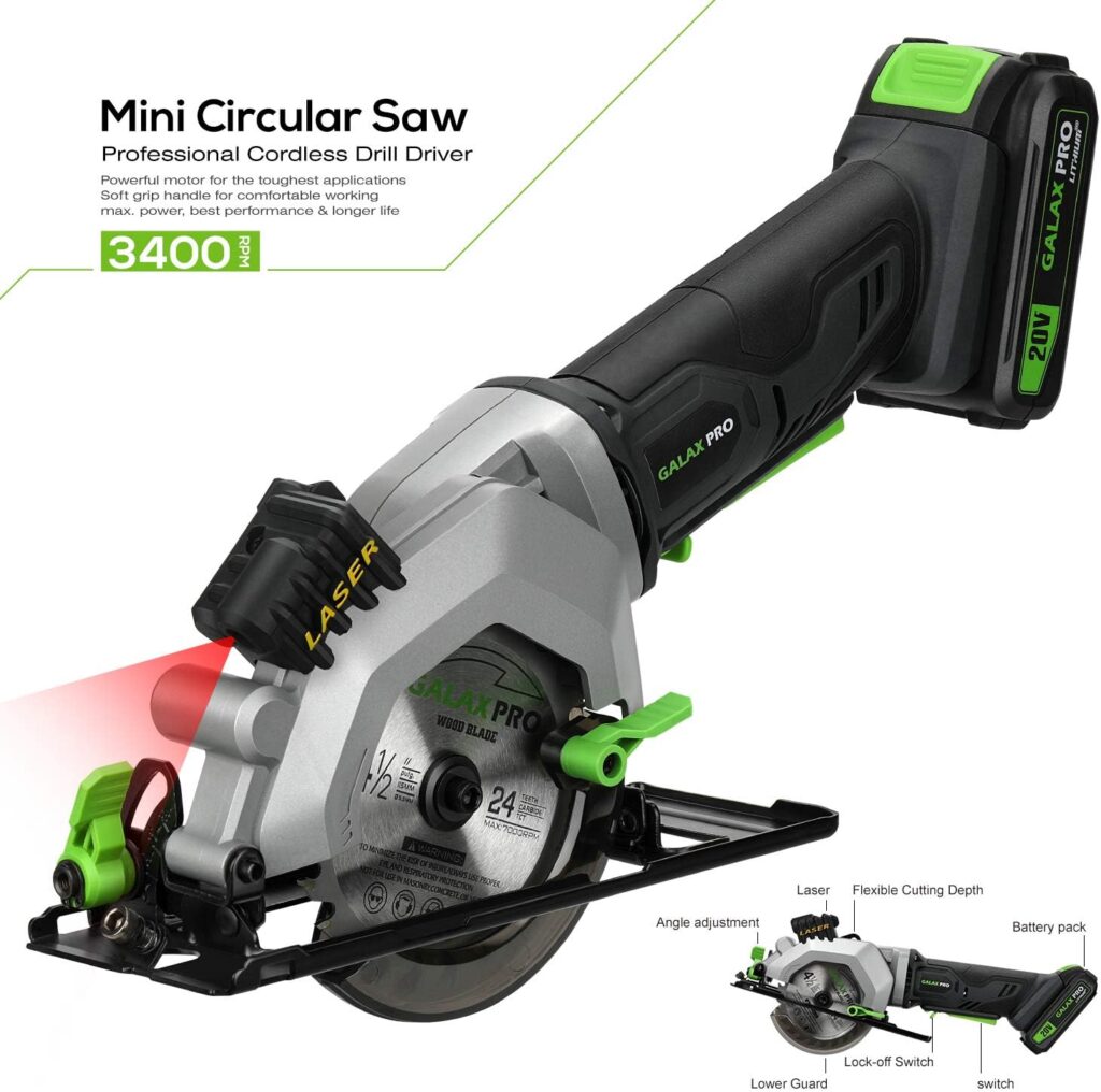 GALAX PRO 20V 4-1/2 Cordless Circular Saw with 2.0Ah battery, Laser Guide, Rip Guide, 2 Pcs Blades(24T+ 60T), 3400RPM, Max Cutting Depth 1-11/16(90°), 1-1/8(45°)