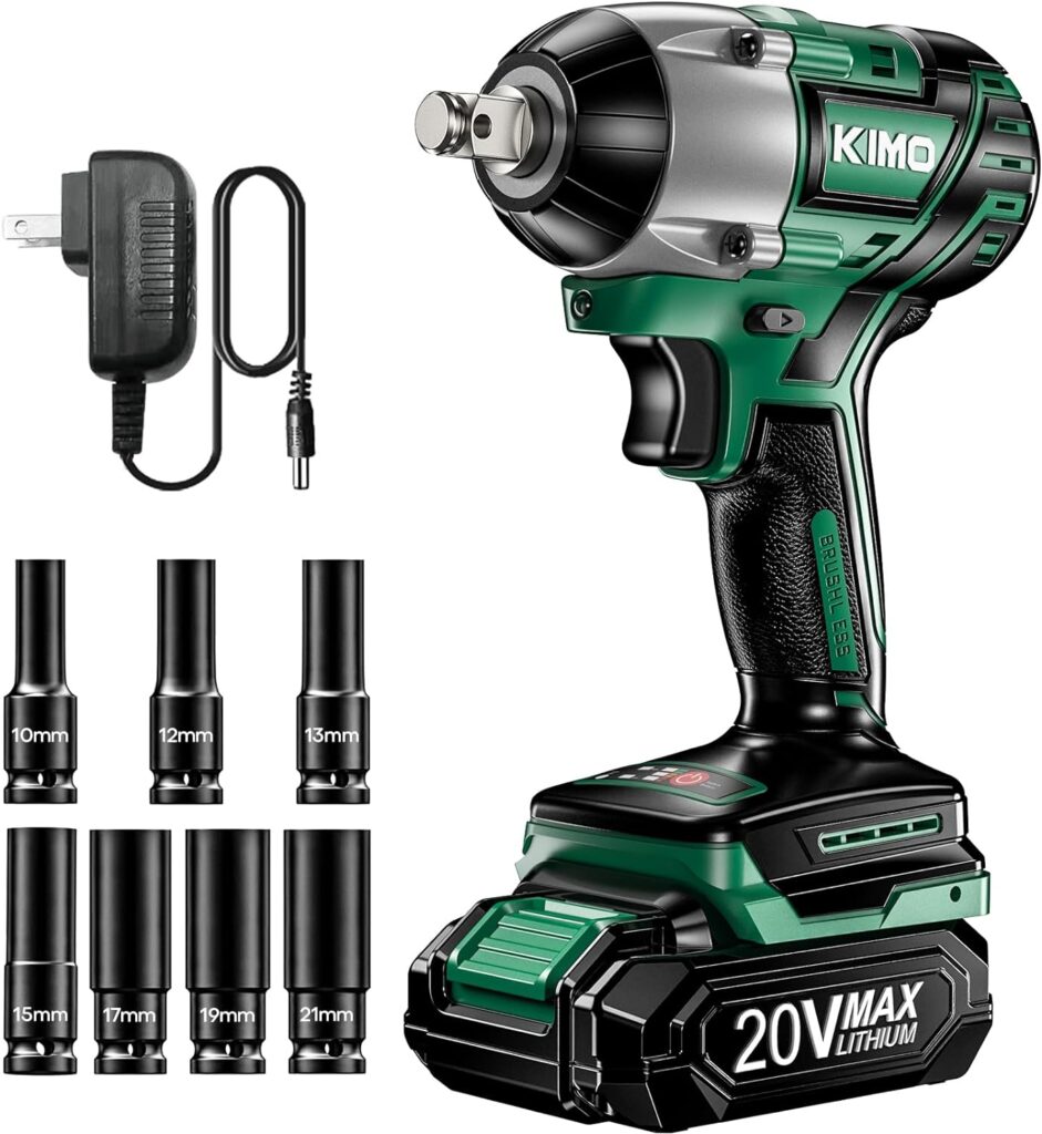 KIMO Cordless Impact Wrench 1/2 Inch, Impact Wrench Kit w/Premium Brake Stop, 7 Sockets, 1/2 Impact Gun, Brushless High Torque Impact Driver with 260 ft-lbs (350N.m)  3000 RPM and Battery  Charger