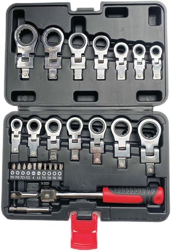 LSLANSOON 27 Pcs Flex Head Ratchet Wrench Set, 6mm-20mm Changeable Torx Ratchet Wrench Heads with Screwdriver Bits Multi Tool Set with Case