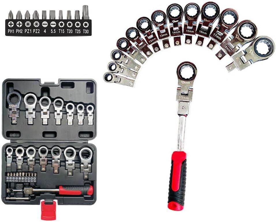 LSLANSOON 27 Pcs Flex Head Ratchet Wrench Set, 6mm-20mm Changeable Torx Ratchet Wrench Heads with Screwdriver Bits Multi Tool Set with Case