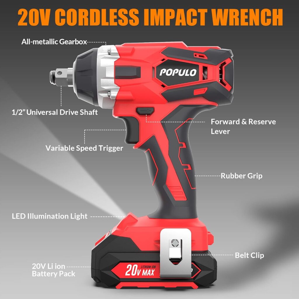 populo 20V Cordless Impact Wrench, ½” Chuck Power Impact Wrenches, 2389 in-lbs Torque and 0-3,000 Impact, 6 pcs Drive Impact Sockets, 2.0Ah Li-ion Battery, Fast Charger, Gloves and Tool Bag Included.