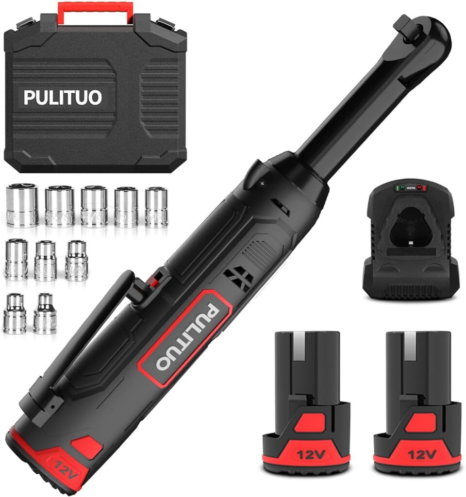 PULITUO Extended Cordless Electric Ratchet Wrench 3/8, 54N.m (40 Ft-lbs) Max Torque Power Ratchet Wrenches Tool Kit with 2.0Ah Batteries 10 Sockets 1 Hour Fast Charger