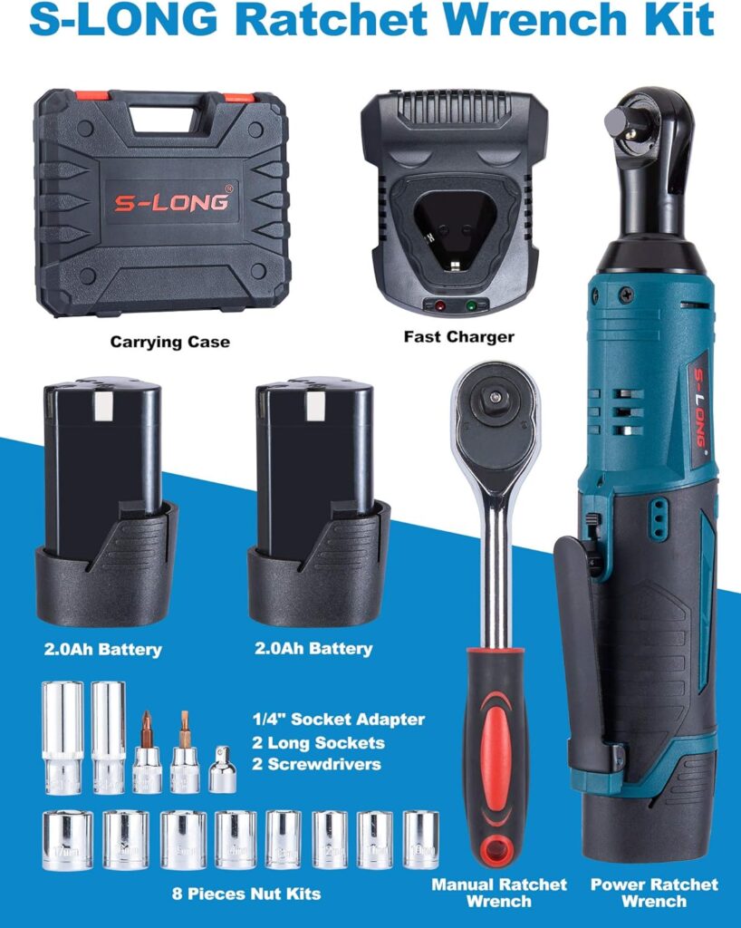 S-LONG Cordless Ratchet Wrench Set, 3/8 400 RPM 12V Power Electric Ratchet Driver with 12 Sockets, Two 2000mAh Lithium-Ion Batteries and 60-Min Fast Charge