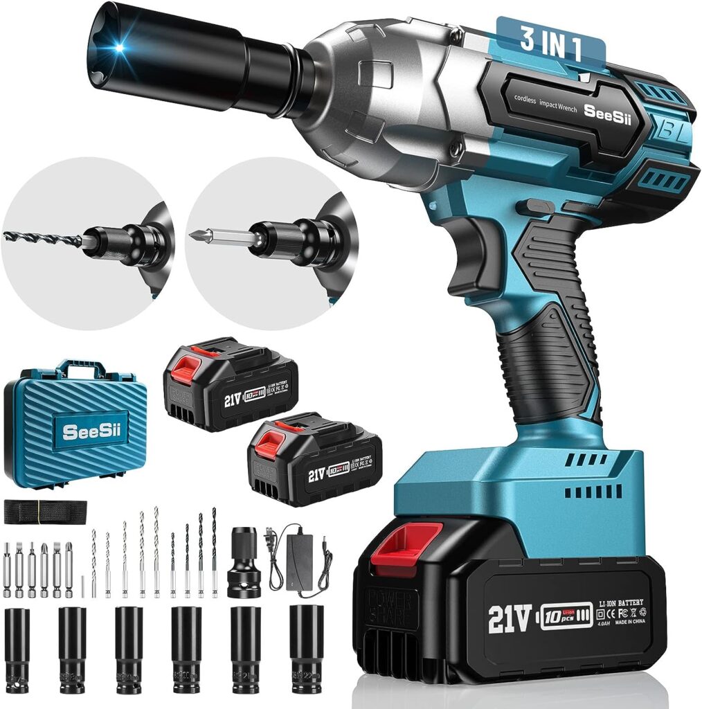 SeeSii Brushless Power Impact Wrench, Cordless, 1/2 inch Max High Torque 479 Ft-lbs(650Nm), 3300RPM w/ 2x 4.0 Battery, 6 Sockets,9 Drill,6 Screws for Car Home, WH700 - Amazon.com