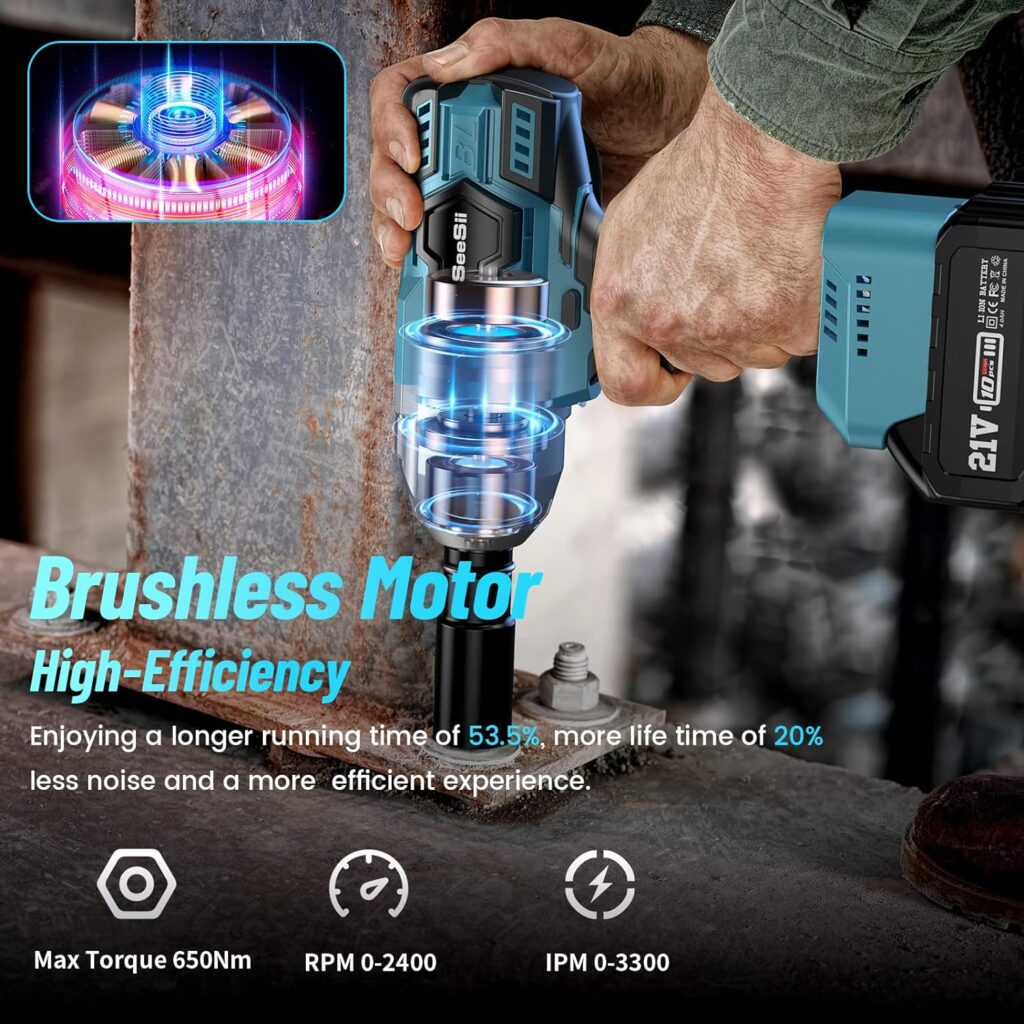 SeeSii Brushless Power Impact Wrench, Cordless, 1/2 inch Max High Torque 479 Ft-lbs(650Nm), 3300RPM w/ 2x 4.0 Battery, 6 Sockets,9 Drill,6 Screws for Car Home, WH700 - Amazon.com