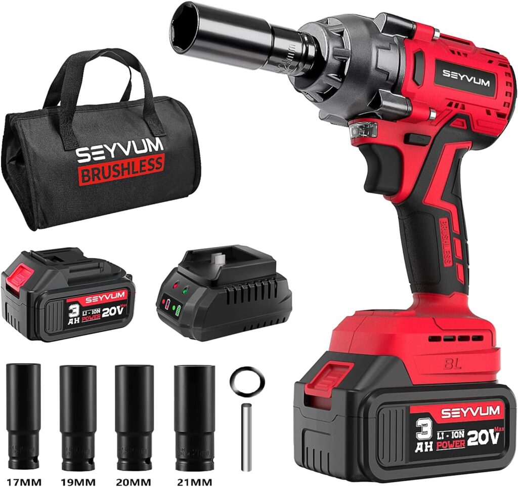 SEYVUM Impact Wrench,1/2 Impact Gun, Power Impact Driver Max Torque 320 Ft-lbs (430N.m), Cordless Impact Wrench with 20V Brushless Motor, 3.0Ah Li-ion Battery with Fast Charger, 4 Pcs Impact Sockets - Amazon.com