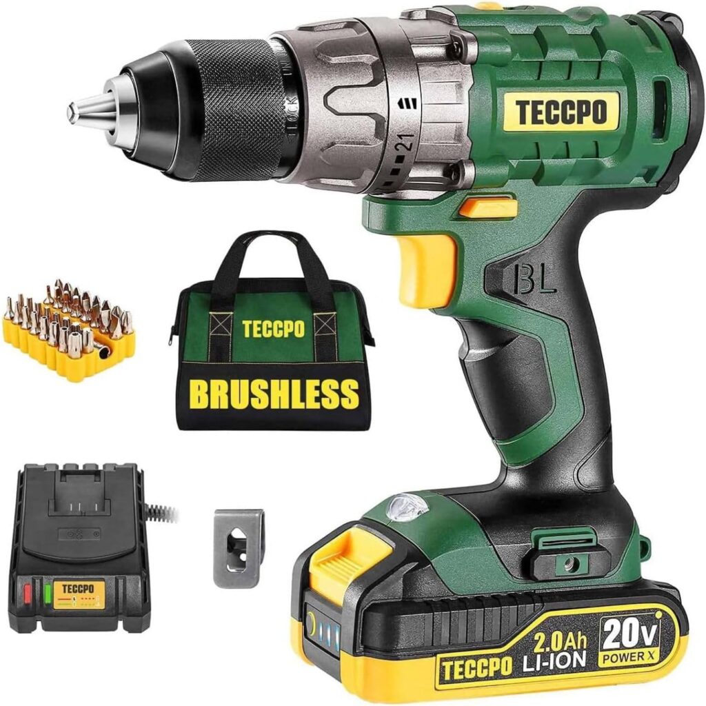TECCPO Cordless Drill Set, 20V Brushless Drill Driver Kit, One 2.0Ah Rechargeable Battery, 530 In-lbs Torque, 1/2” Keyless Chuck, 2-Variable Speed, Fast Charger, 33pcs Bits Accessories with Case