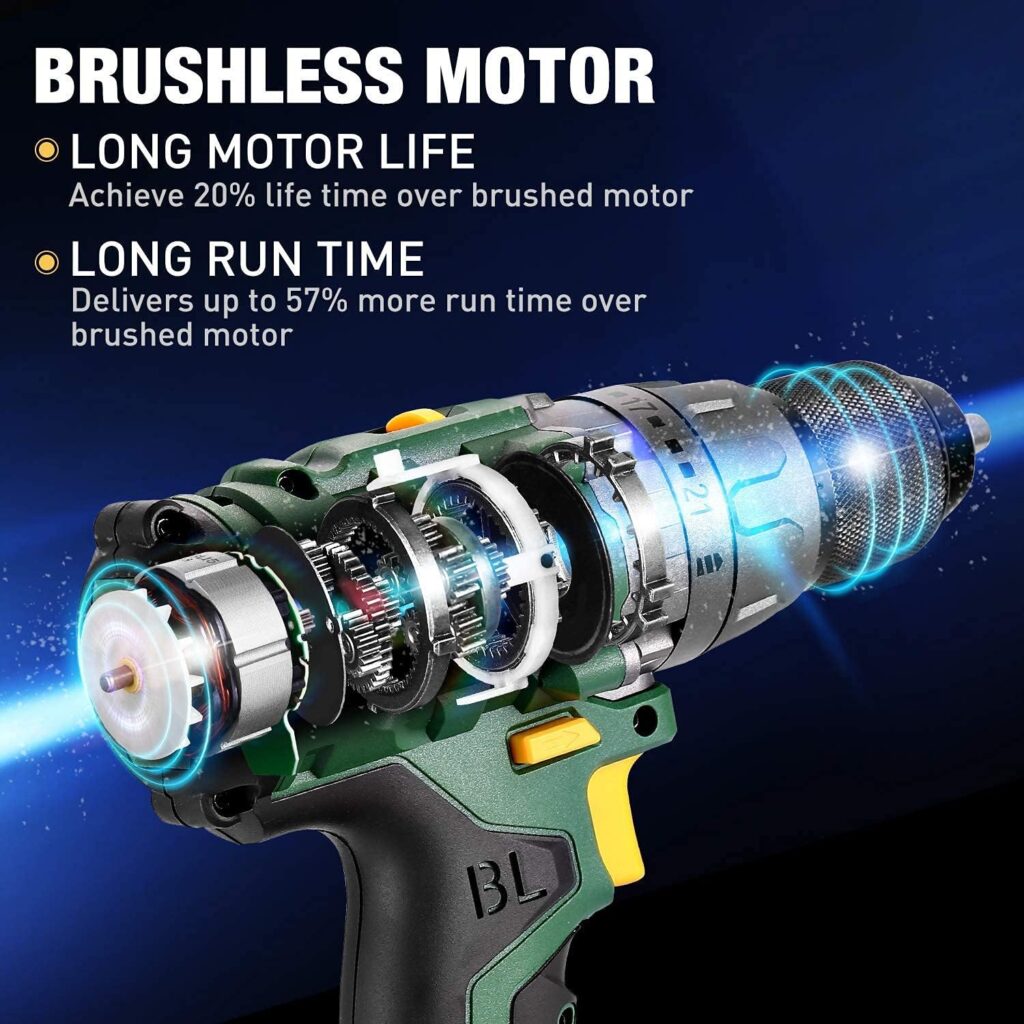 TECCPO Cordless Drill Set, 20V Brushless Drill Driver Kit, One 2.0Ah Rechargeable Battery, 530 In-lbs Torque, 1/2” Keyless Chuck, 2-Variable Speed, Fast Charger, 33pcs Bits Accessories with Case