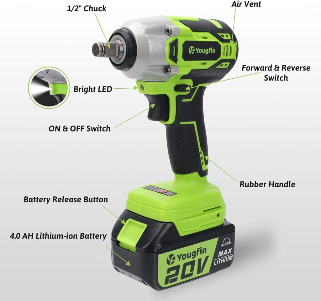 Yougfin Cordless Impact Wrench, 20V Power Brushless Impact Driver,2 Variable Speed Mode, High Torque 320N.M, 4.0Ah Li-ion Battery  Fast Charger, Power Tool for Home ＆ Car (1/2 Inch)